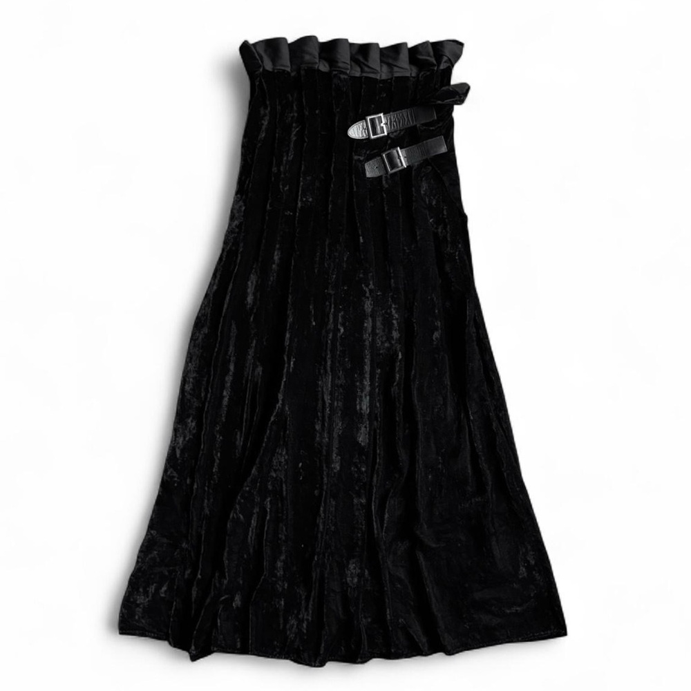 Yohji Yamamoto 90s archive black velvet goth maxi skirt leather buckle strap